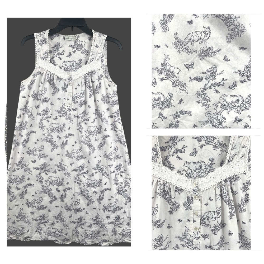 Mahogany Nightgown Size S White Woodland Toile Cotton Lace Shabby Chic Prairie